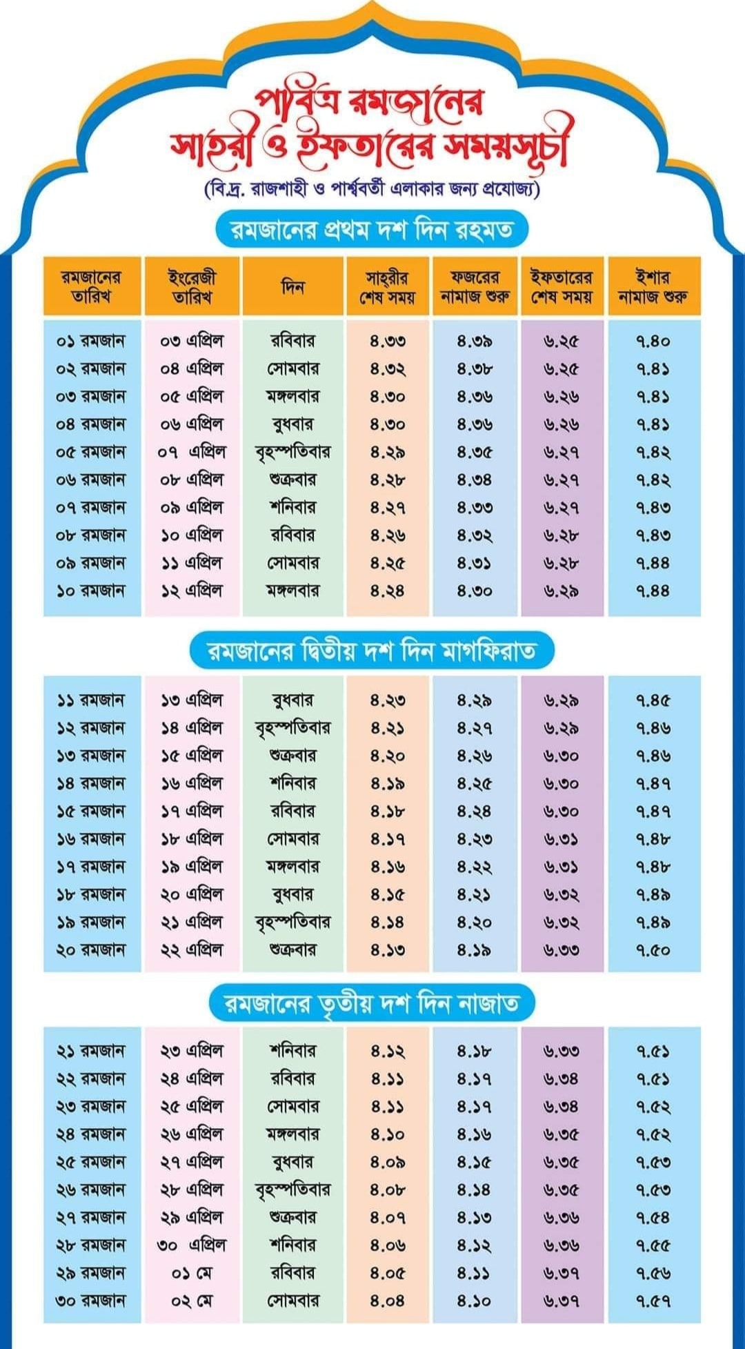 Ramadan 2022 Calendar Rajshahi