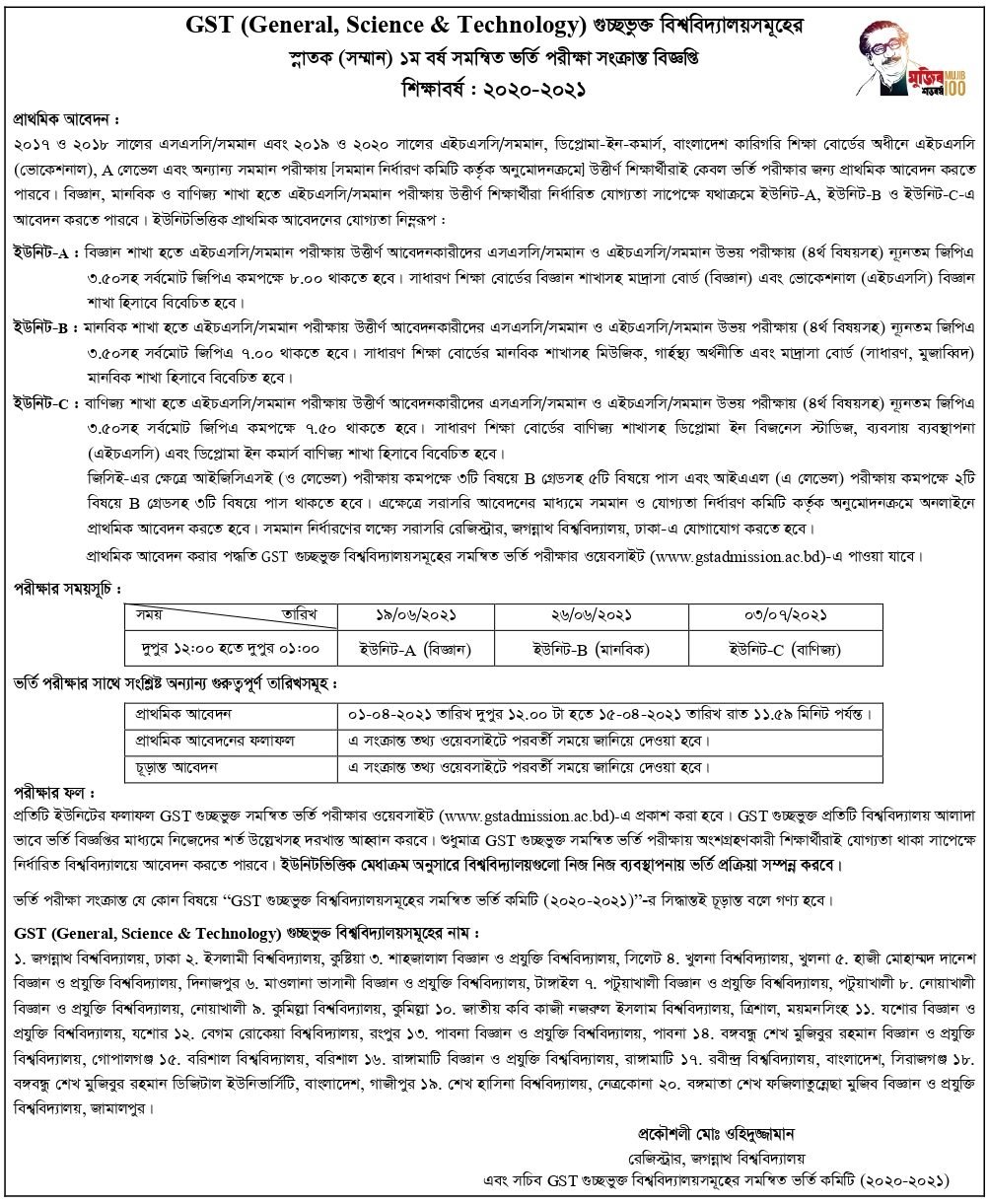 GST Admission Circular 2024 gst admission.ac.bd All New Job Circular