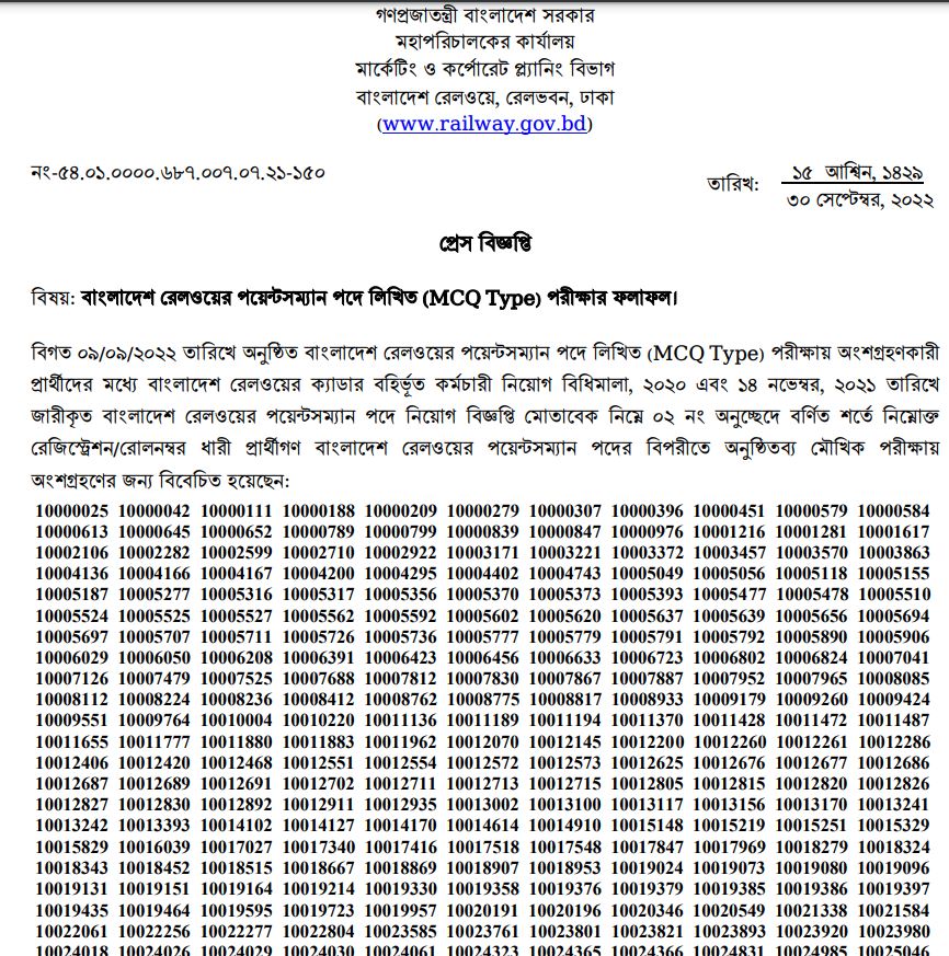 bangladesh railway pointsman exam result